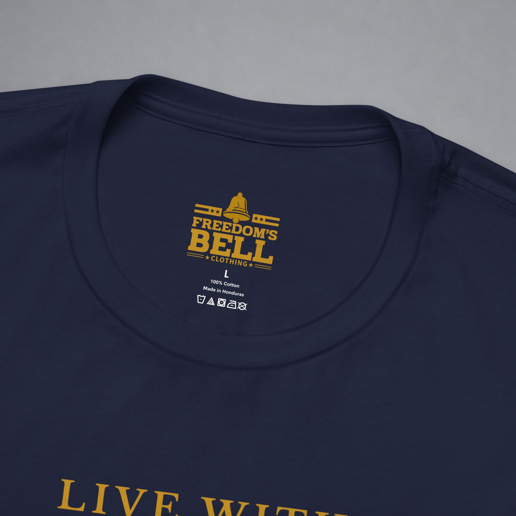 Close-up of a navy blue t-shirt collar showing a yellow printed graphic that reads 'FREEDOM'S BELL A CLOTHING' with a bell icon, on a neutral gray background.