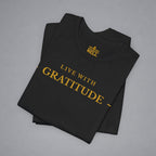 Black t-shirt with 'Live with Courage' text on a gray background
