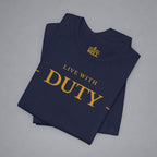 A folded navy blue t-shirt with gold text reading 'LIVE WITH DUTY' and a small 'BELL' logo printed inside the collar, displayed on a neutral gray background.