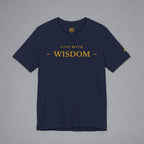 A navy blue short-sleeve t-shirt with 'LIVE WITH WISDOM' printed in gold across the chest, displayed flat against a neutral gray background.