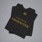 Black t-shirt with 'Live with Courage' text on a gray background