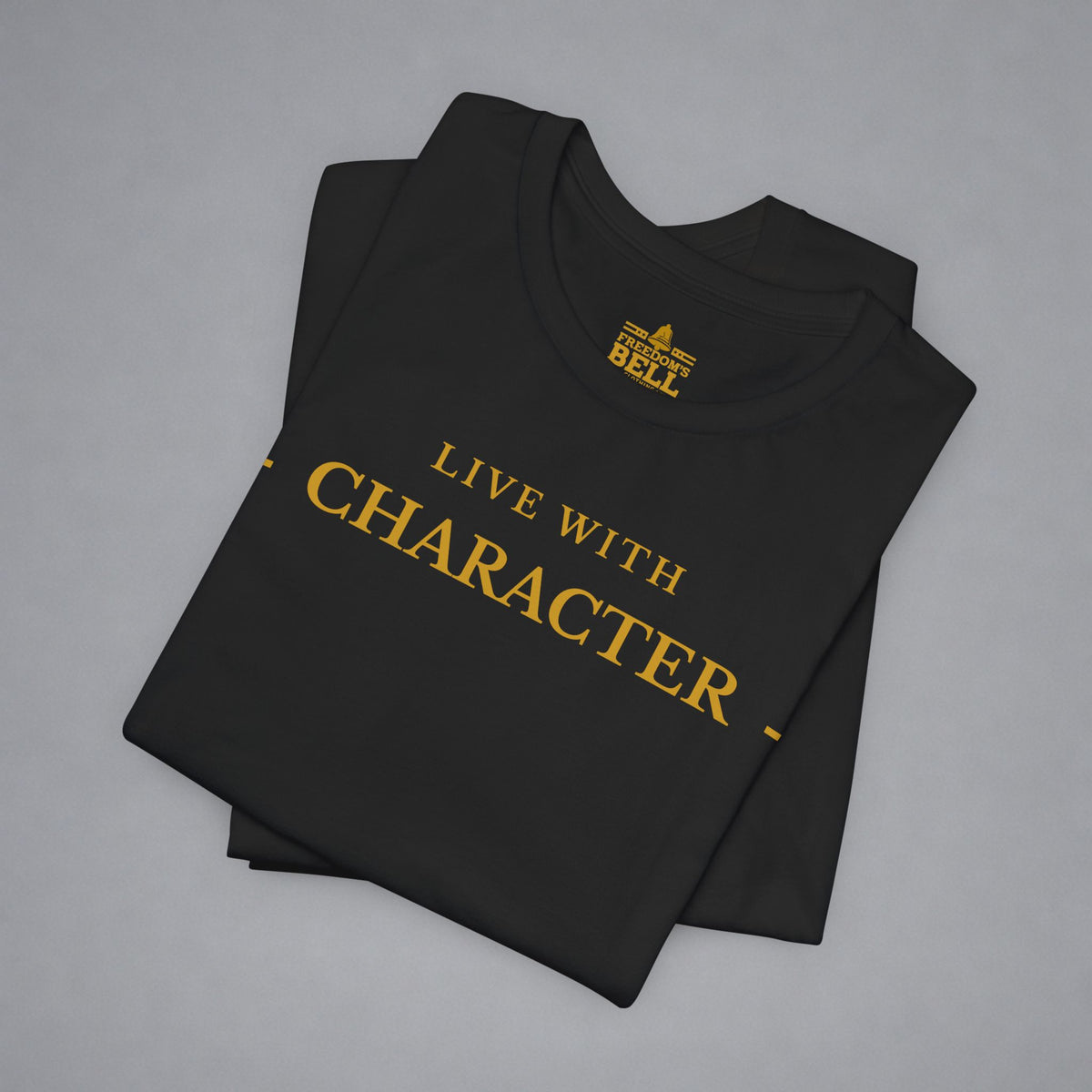 Black t-shirt with 'Live with Courage' text on a gray background