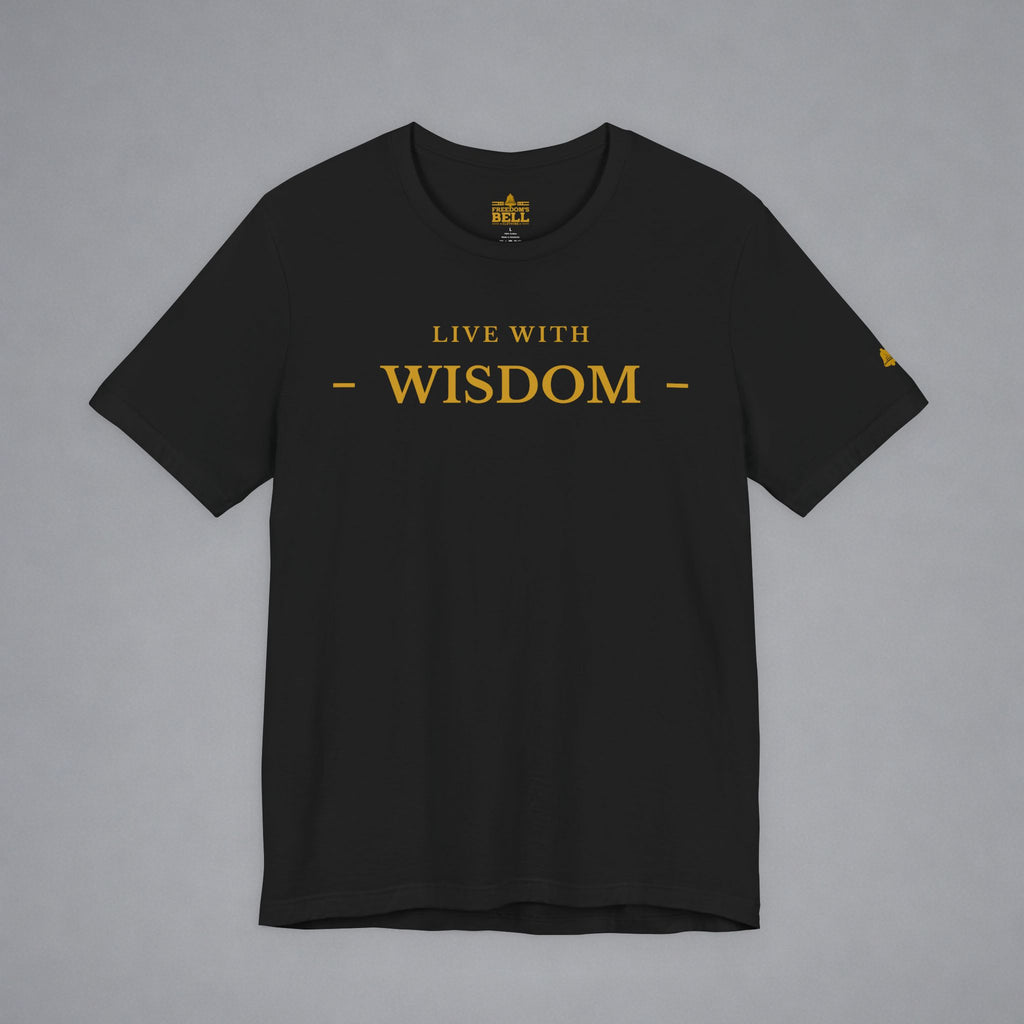 A black short-sleeve crewneck t-shirt with 'LIVE WITH TRUTH' printed in gold across the chest, displayed flat against a neutral gray background.