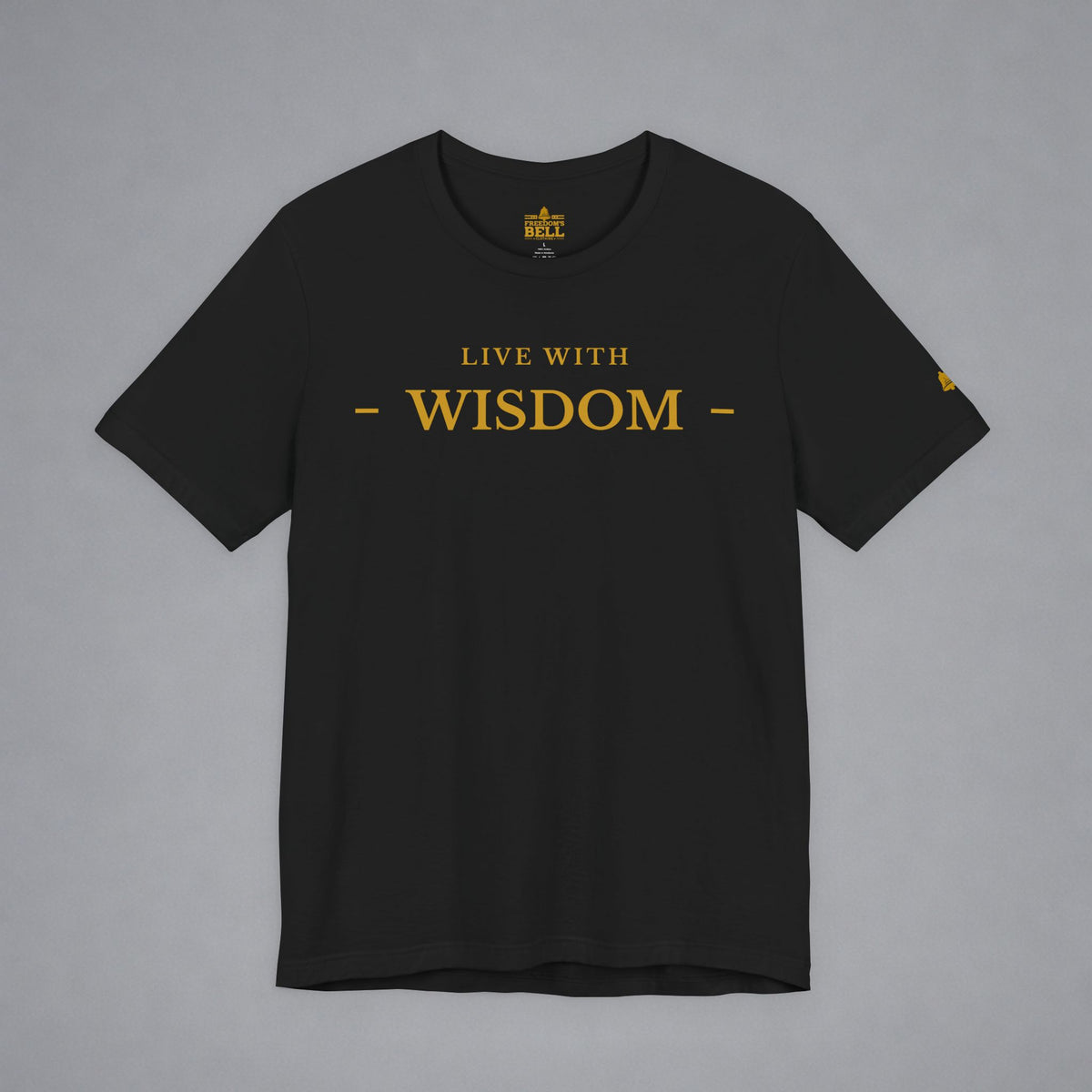 A black short-sleeve crewneck t-shirt with 'LIVE WITH TRUTH' printed in gold across the chest, displayed flat against a neutral gray background.
