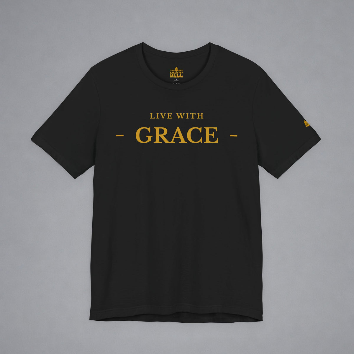 A black short-sleeve crewneck t-shirt with 'LIVE WITH GRACE' printed in gold on the chest, displayed flat against a neutral gray background.