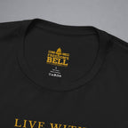 Close-up of a black crewneck t-shirt showing the inner neck label with a gold 'Freedom's Bell Clothing' logo and the bottom hem featuring gold text that reads 'LIVE WITH'.