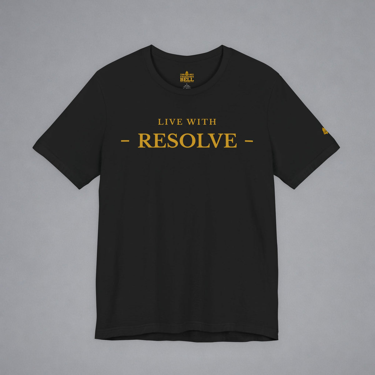 A black short-sleeve crewneck t-shirt with 'LIVE WITH RESOLVE' printed in gold on the chest, displayed flat against a neutral gray background.
