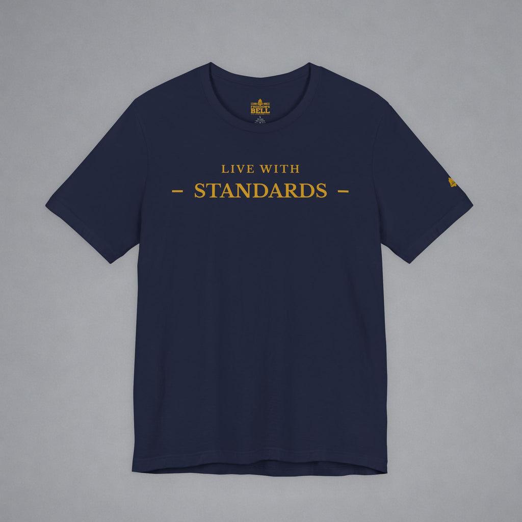 Navy blue t-shirt with 'Live with Courage' text on a gray background