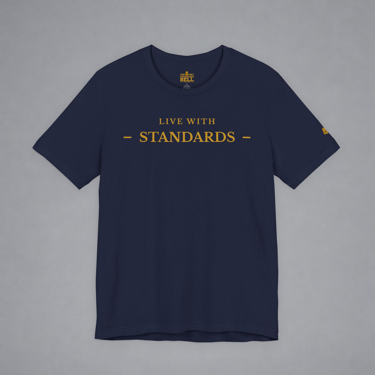 Navy blue t-shirt with 'Live with Courage' text on a gray background