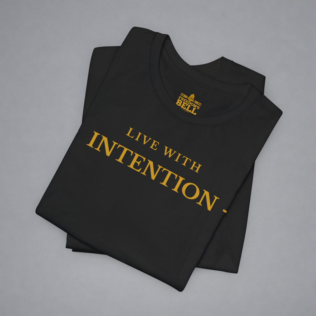 Black t-shirt with 'Live with Courage' text on a gray background
