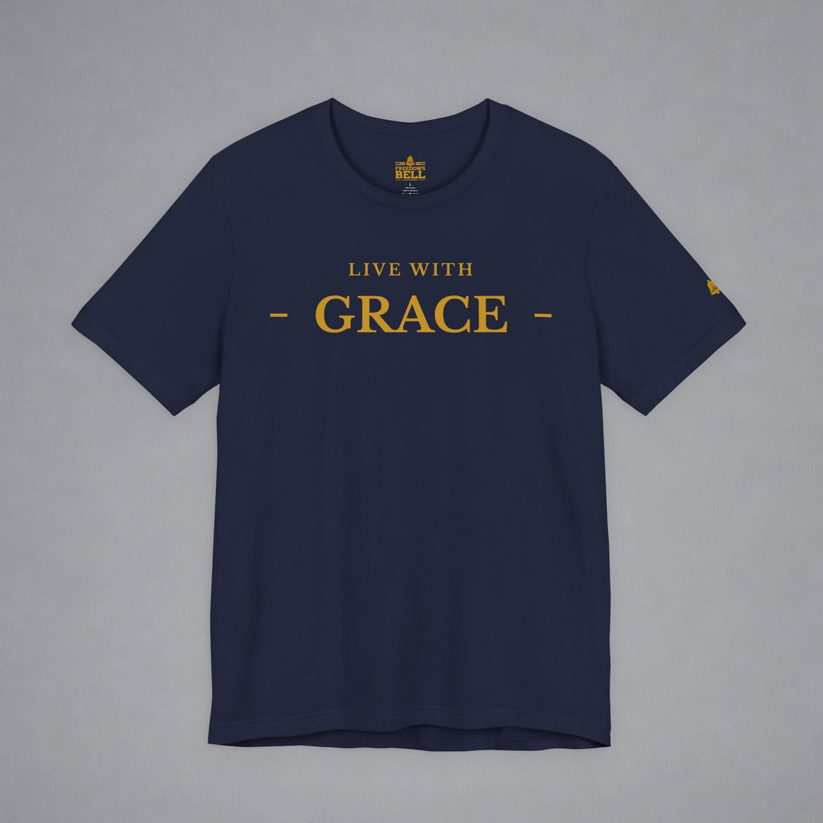 A navy blue crewneck t-shirt with 'LIVE WITH GRACE' printed in gold on the chest, displayed flat against a neutral gray background.