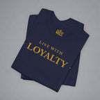 A folded navy blue t-shirt with gold text reading 'LIVE WITH RESOLVE' and a small 'BELLELL' logo printed inside the collar, displayed on a neutral gray background.