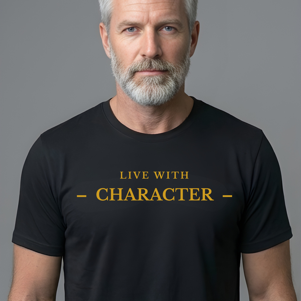A man with gray hair and a beard wearing a black t-shirt with the text 'LIVE WITH CHARACTER' printed in gold on the chest, set against a solid gray background.