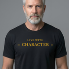 A man with gray hair and a beard wearing a black t-shirt with the text 'LIVE WITH CHARACTER' printed in gold on the chest, set against a solid gray background.