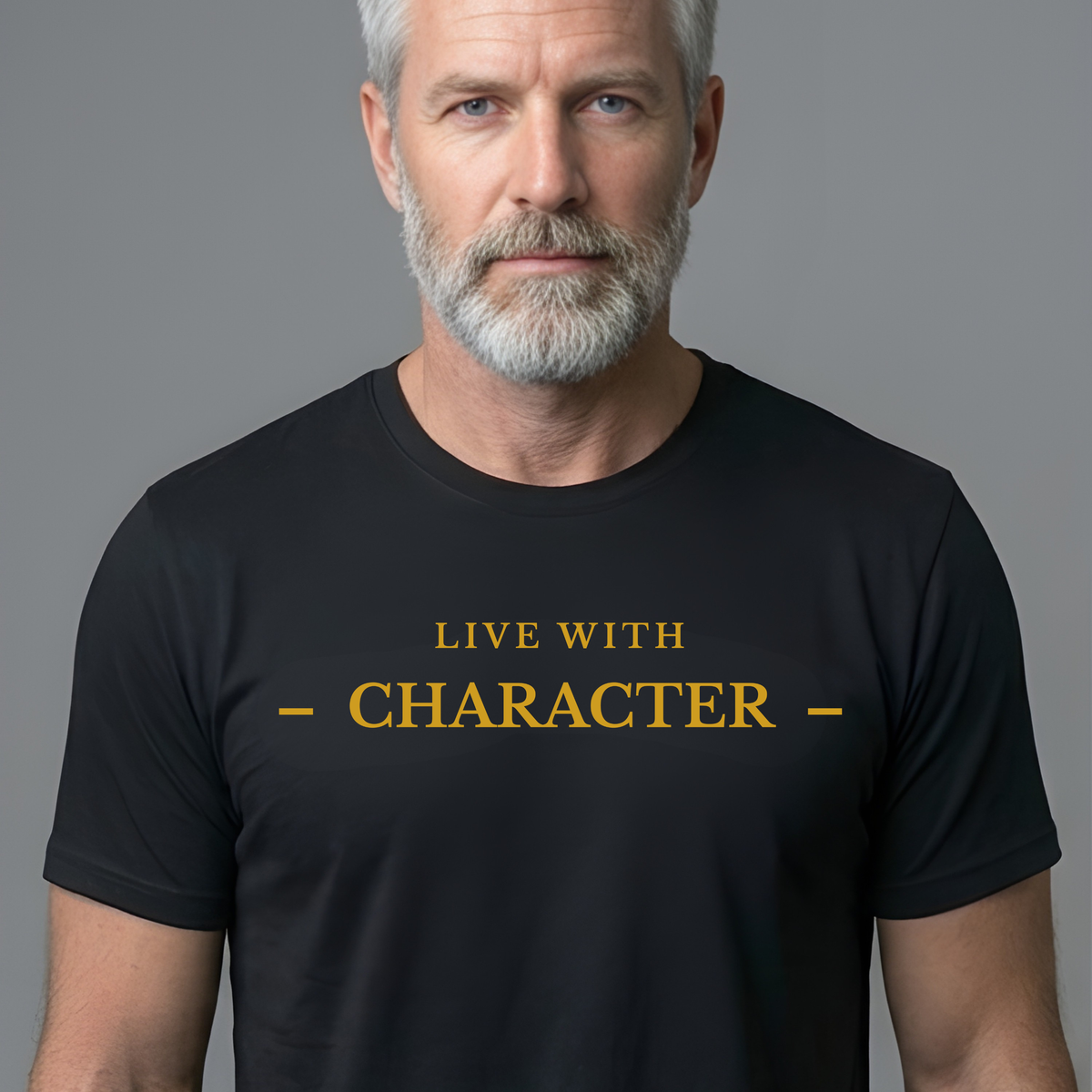 A man with gray hair and a beard wearing a black t-shirt with the text 'LIVE WITH CHARACTER' printed in gold on the chest, set against a solid gray background.