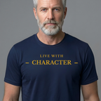 Man wearing a navy blue t-shirt with 'Live with Discipline' text on a gray background