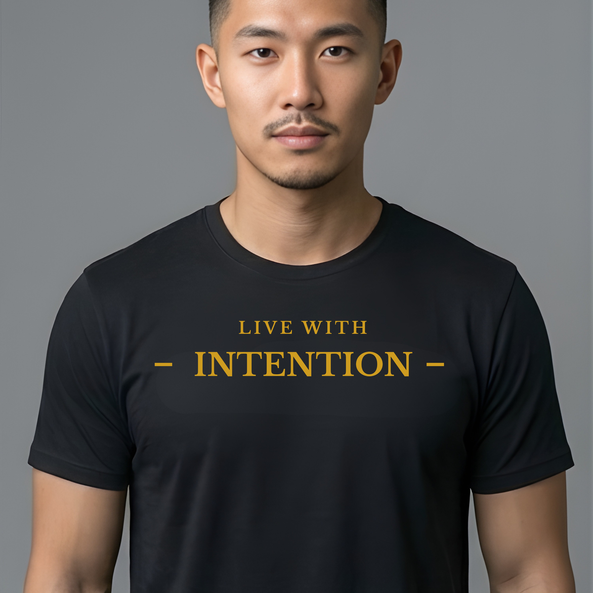A man wearing a black crew-neck t-shirt with the text 'LIVE WITH INTENTION -' printed in gold on the chest, set against a solid gray studio background.