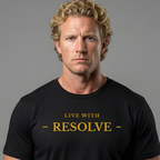 Man wearing a black t-shirt with 'Live with Integrity' text on a gray background