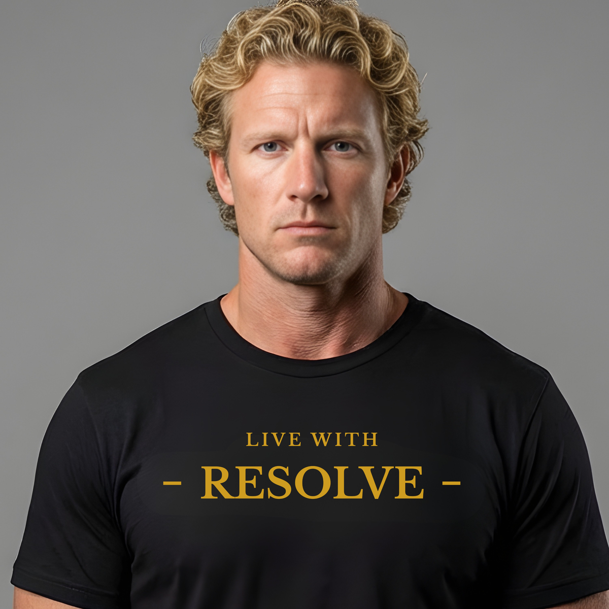 Man wearing a black t-shirt with 'Live with Integrity' text on a gray background