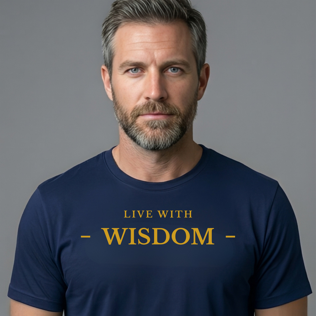 A man with short gray hair and a beard wearing a navy blue t-shirt with the text 'LIVE WITH - WISDOM -' printed in gold on the chest, set against a solid gray background.