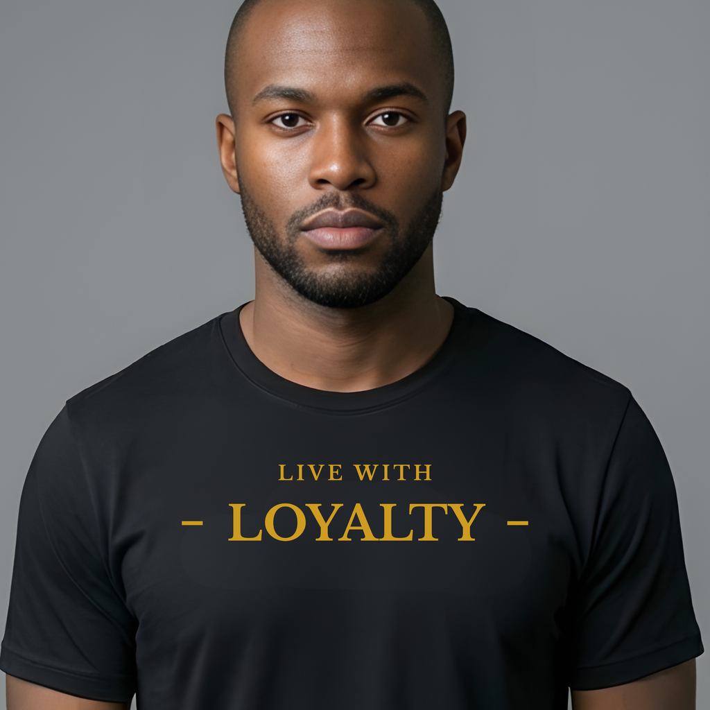 A man wearing a black crew-neck t-shirt with the text 'LIVE WITH - LOYALTY -' printed in gold across the chest, set against a solid gray background.