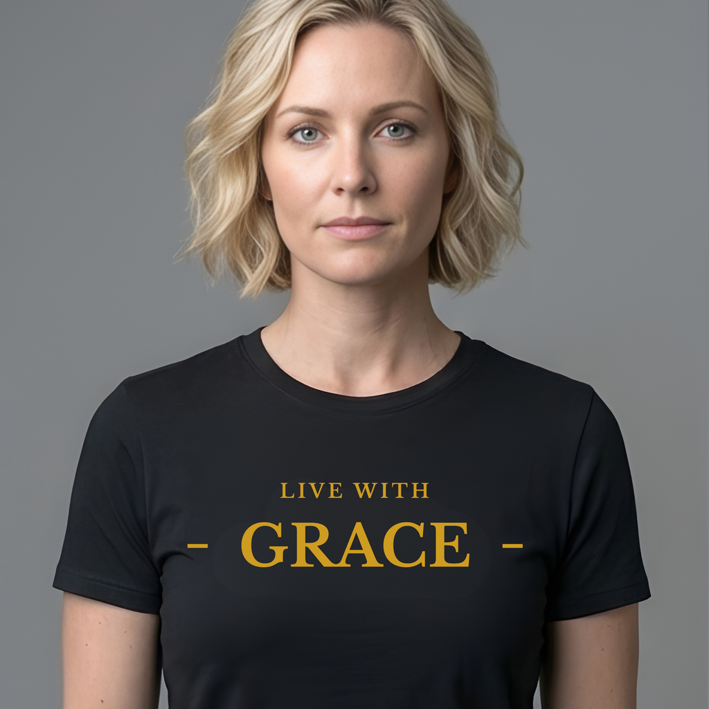 Person wearing a black t-shirt with 'Live with Faith' text on a gray background