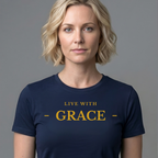 Woman wearing a navy blue t-shirt with 'Live with Faith' text on a gray background