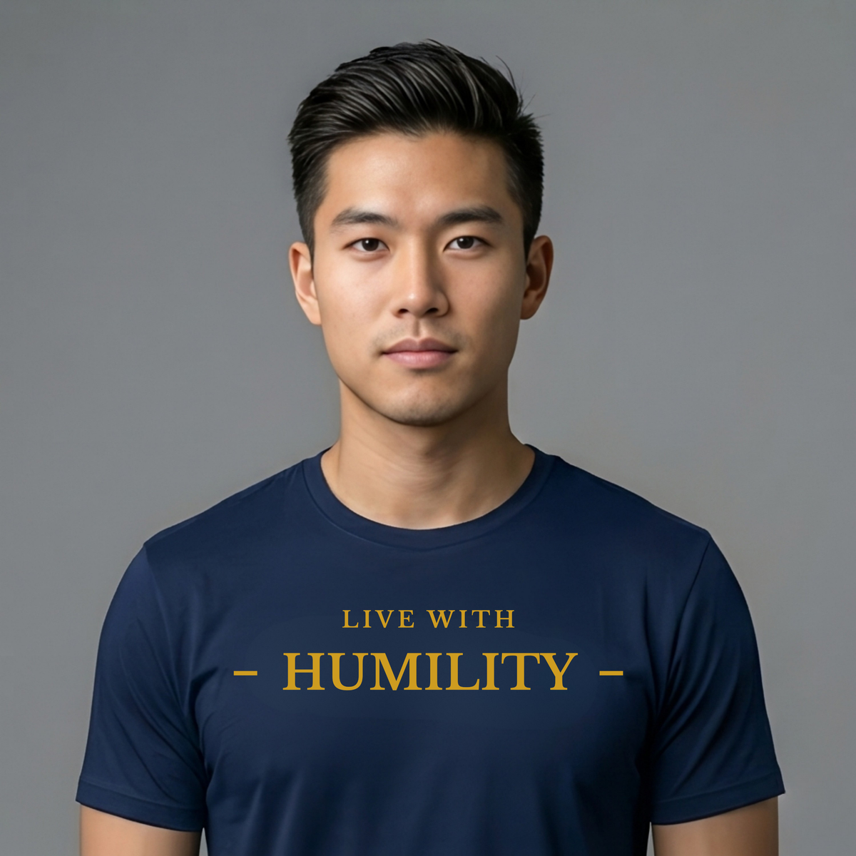 A man wearing a navy blue t-shirt with the words 'LIVE WITH - HUMILITY -' printed in gold across the chest, set against a solid gray background.