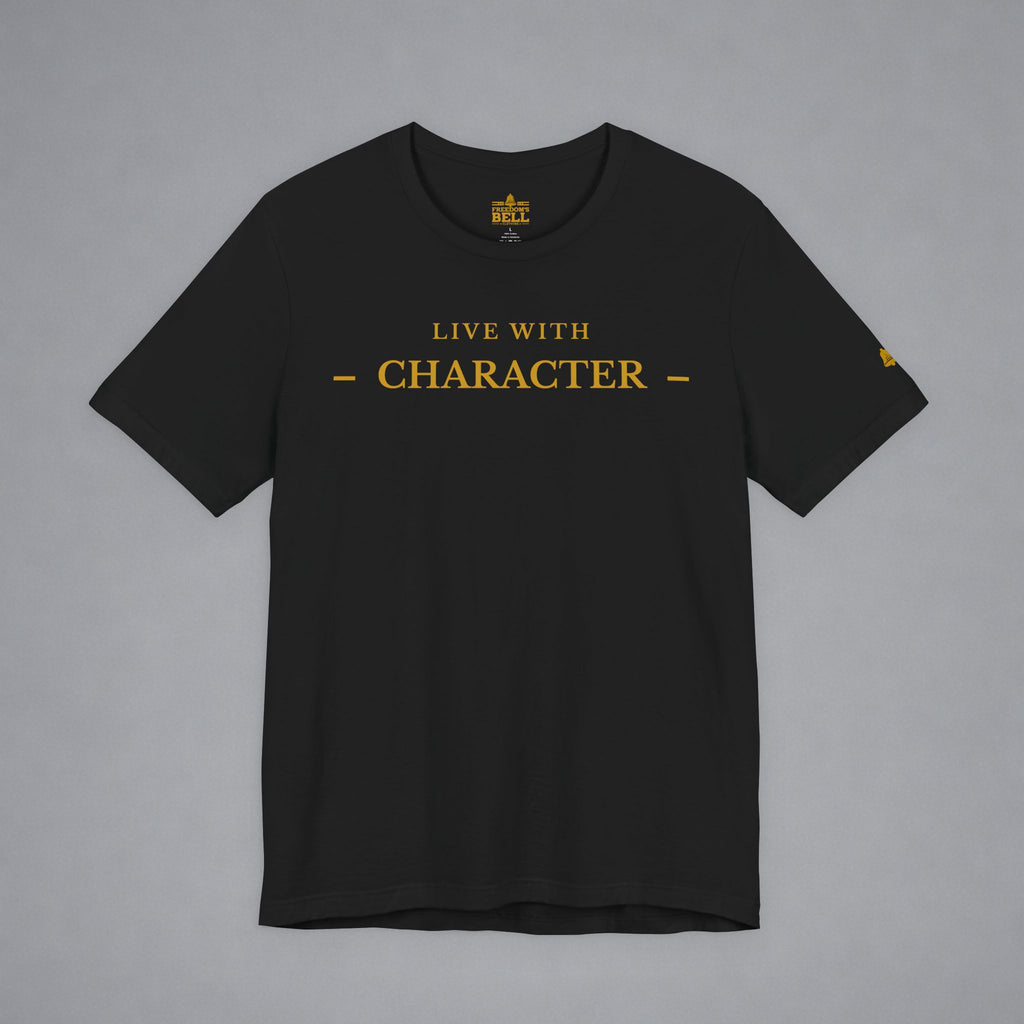 A black short-sleeve crewneck t-shirt with 'LIVE WITH CHARACTER' printed in gold on the chest, displayed flat against a neutral gray background.