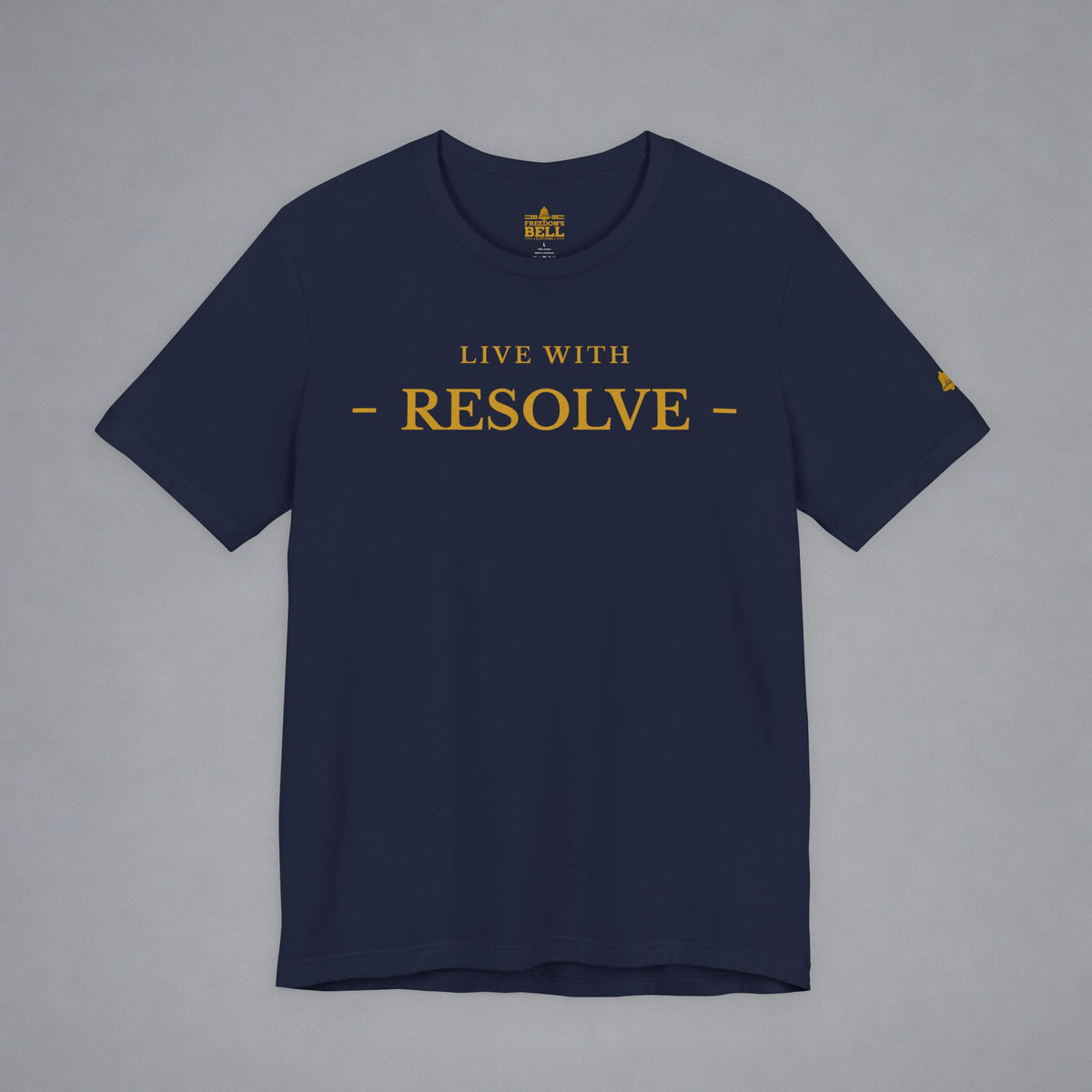 A navy blue crewneck t-shirt with 'LIVE WITH RESOLVE' printed in gold across the chest, displayed flat against a neutral gray background.