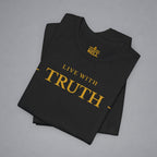Black t-shirt with 'Live with Faith' text on a gray background