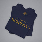 Folded navy blue t-shirt with 'Live with Morals' text on a gray background