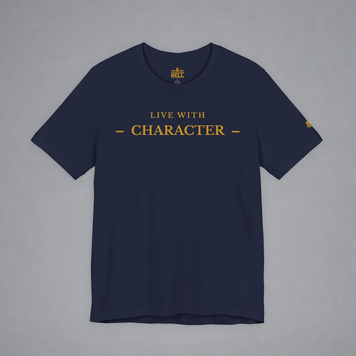 Navy blue t-shirt with 'Live with Liberty' text on a gray background