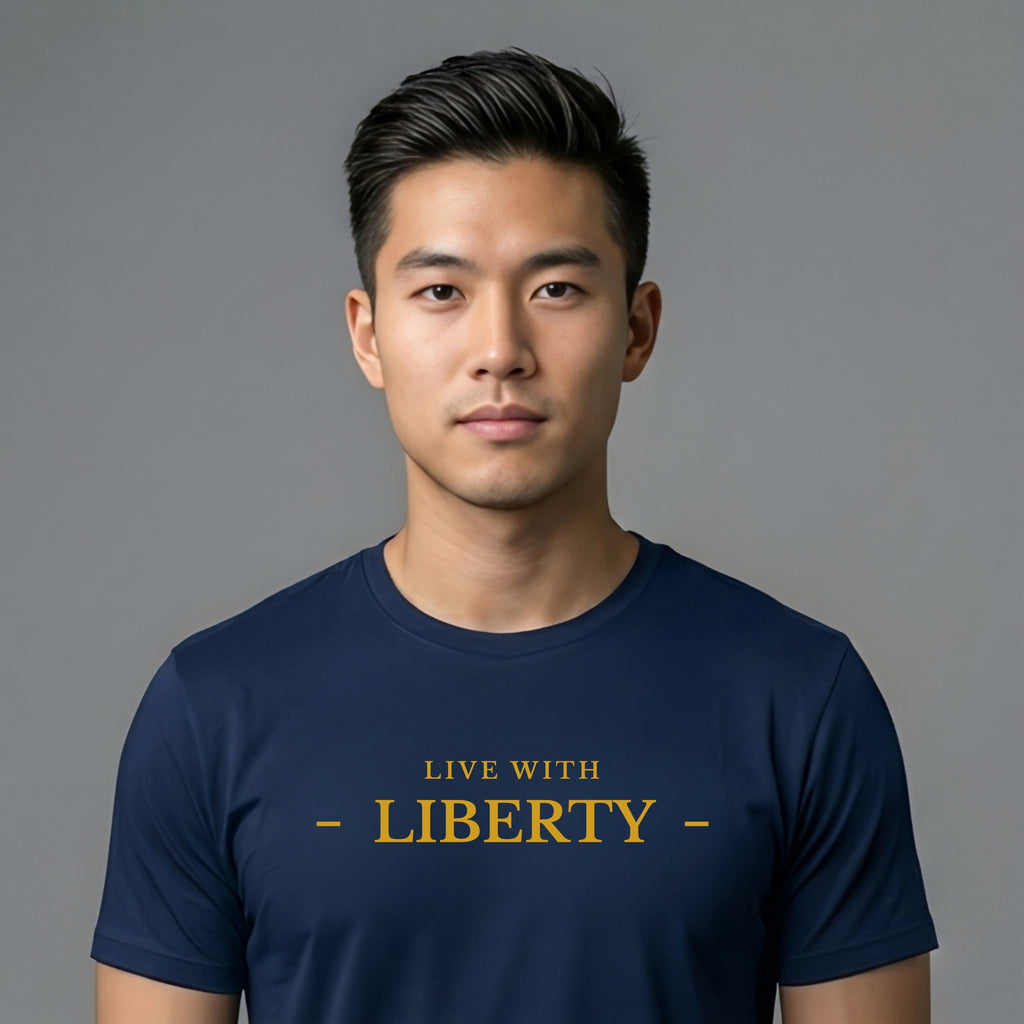 Man wearing a navy blue t-shirt with 'LIVE WITH LIBERTY' text on a gray background