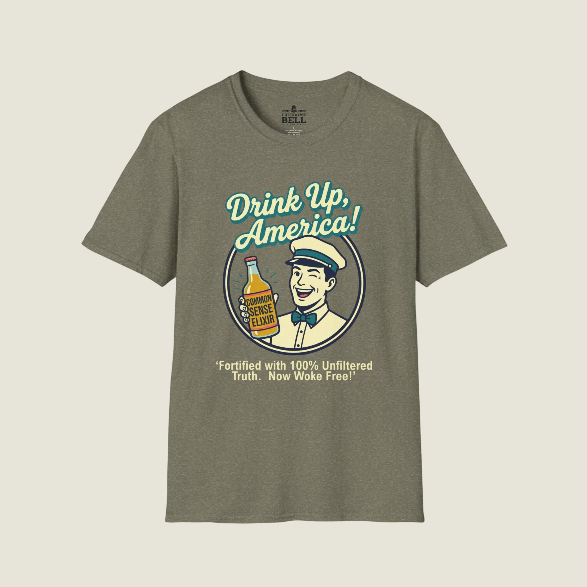 Drink Up America Common Sense Elixir - Retro Woke-Free Truth T-Shirt