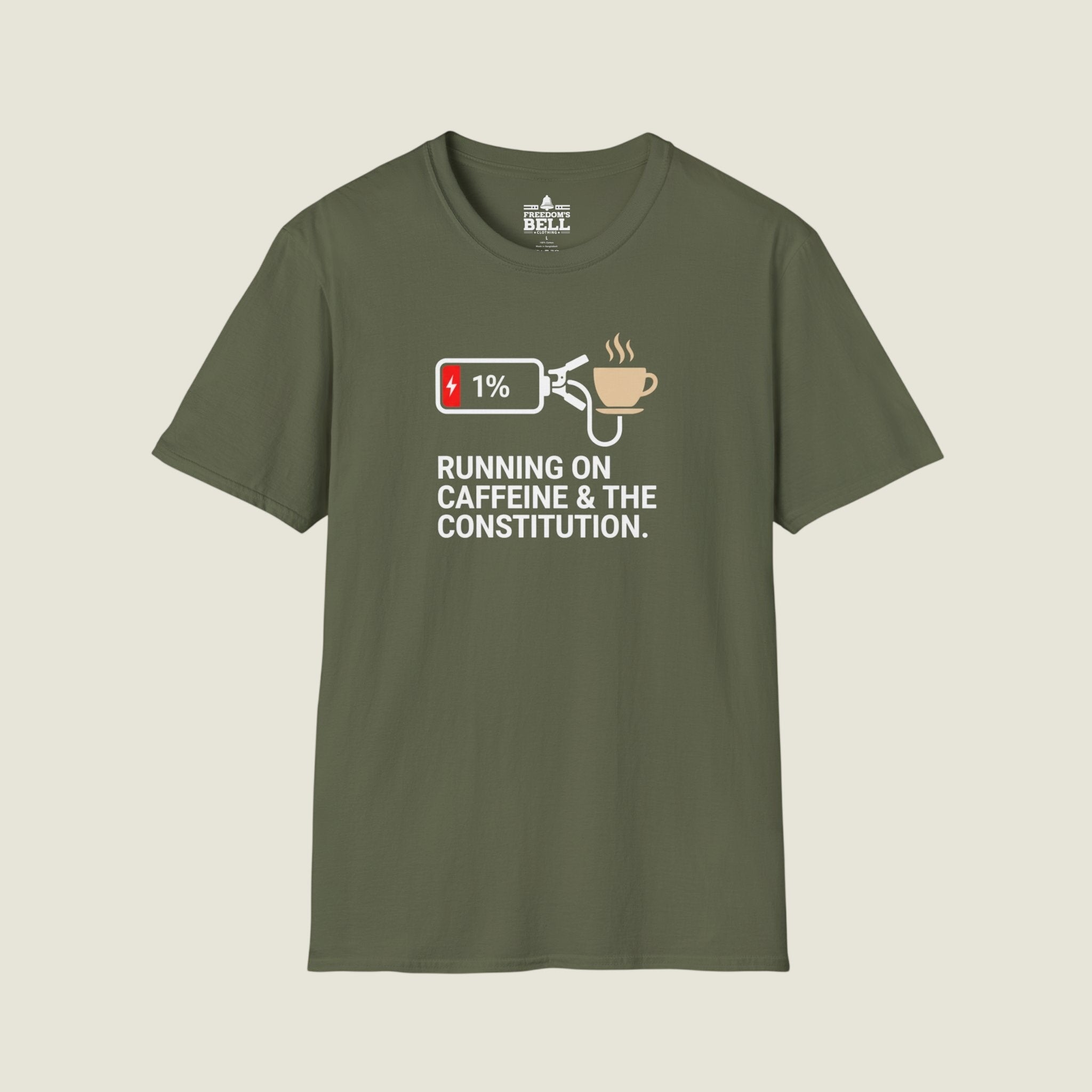 Running On Caffeine And Constitutional Fury - Low Battery T-Shirt